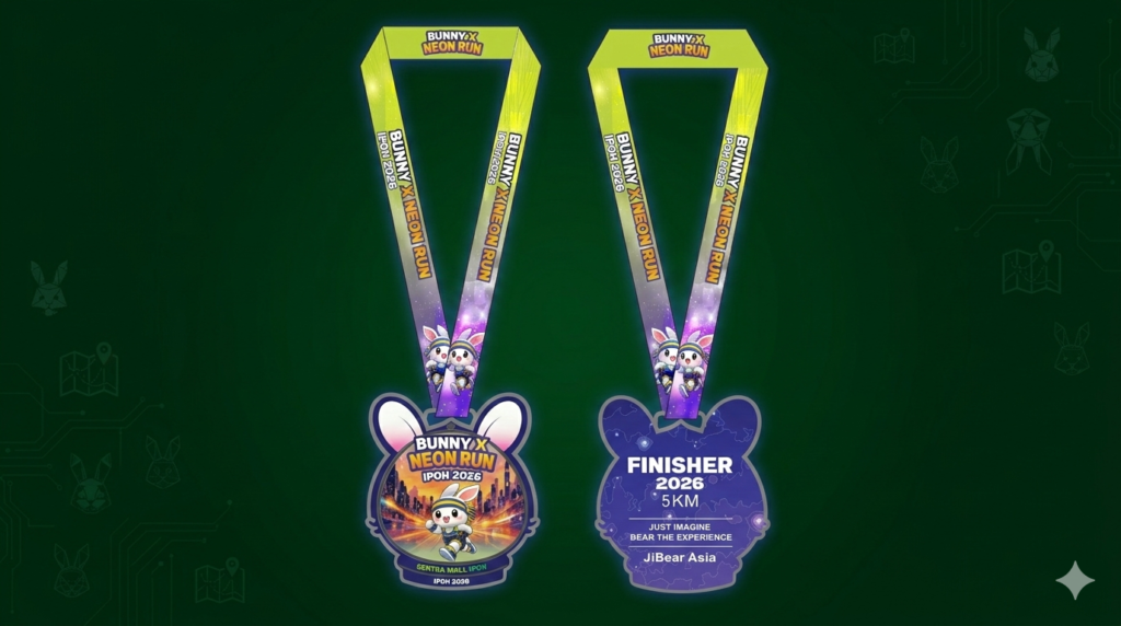 Two colorful medals for the "Bunny X Neon Run" with green and purple ribbons. Medals have bunny ears and neon themes; with great note "Finisher 2026."